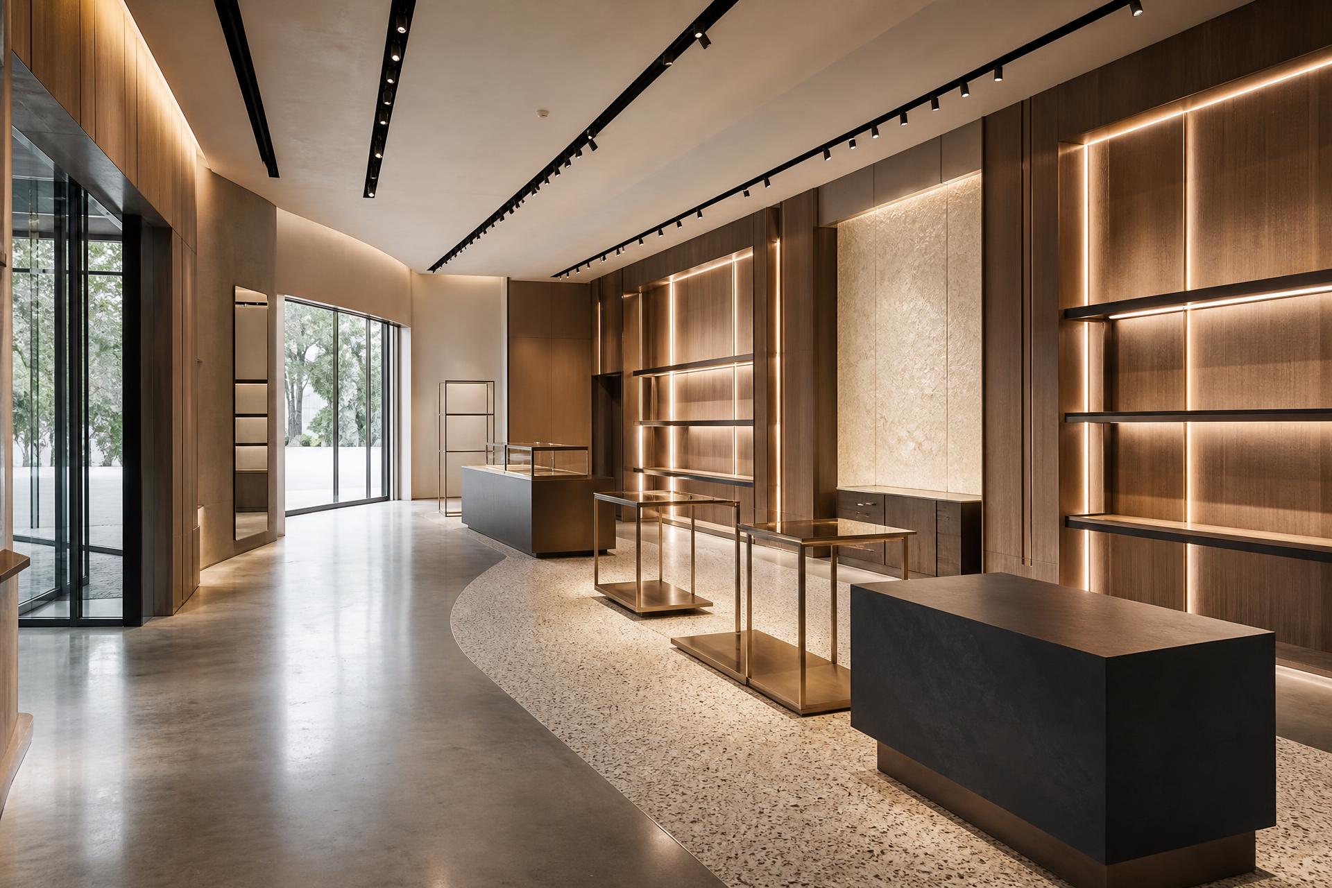 Newly completed luxury retail boutique interior with warm millwork, architectural lighting, and polished floors, ready for opening