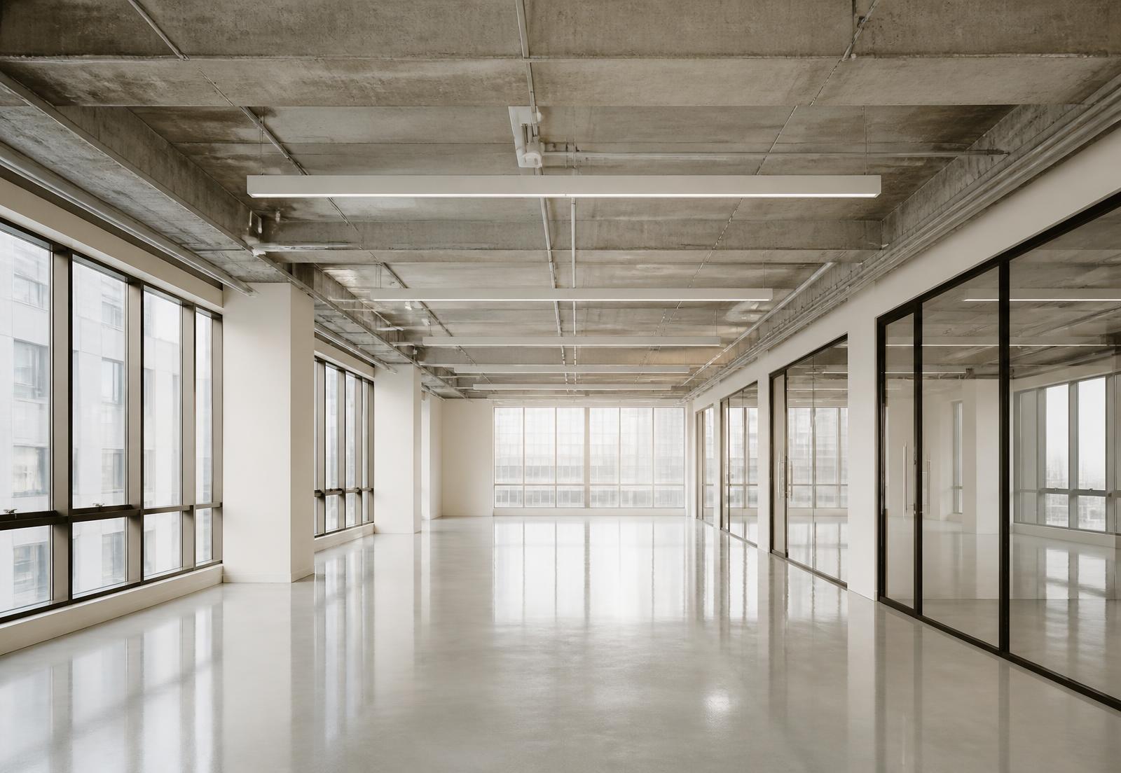 Empty commercial office floor immediately after construction completion